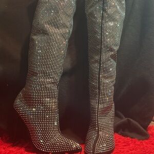 Black Rhinestone Over-the-Knee Boots